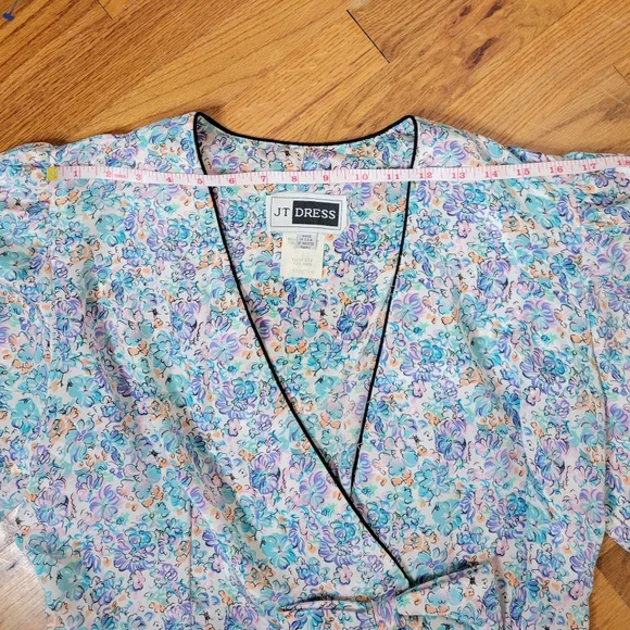 Vintage 1980sJT Dress Floral Wrap Dress with Blue and Pink Accents Size 10